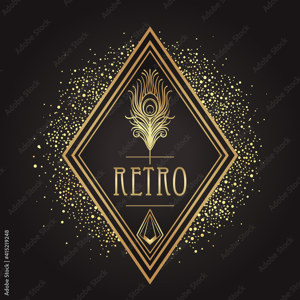 Złoty geometryczny emblemat w stylu art deco na czarnym tle, z motywem pióra pawia, napisem RETRO i dekoracyjnymi elementami, otoczony świetlistymi drobinkami, luksusowy design
