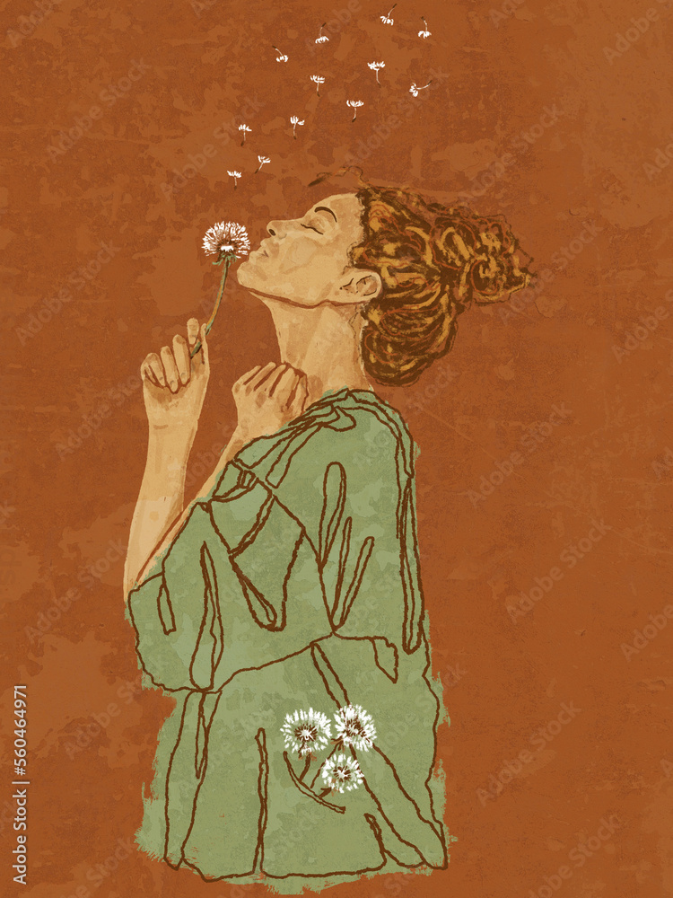  Artystyczna ilustracja kobiety dmuchającej dmuchawiec, zielona zwiewna sukienka, rdzawe tło, białe nasiona unoszące się w powietrzu, styl vintage boho.