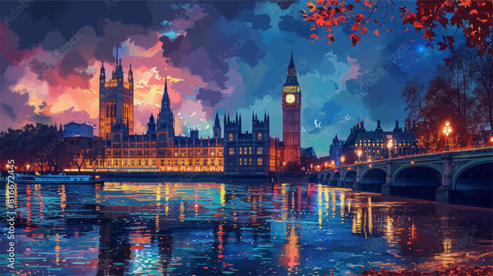Widok na Pałac Westminsterski i Big Ben w Londynie o zmierzchu. Oświetlona architektura odbija się w spokojnych wodach Tamizy, otoczona kolorowym niebem i jesiennymi liśćmi na pierwszym planie.